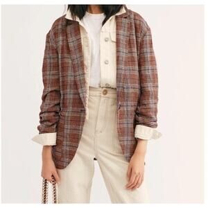 Free People Simply Plaid Boyfriend Blazer Size Small Oversized Relaxed Linen